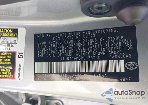 2023 Toyota Camry Le z USA, uszkodzony, nr VIN 4T1R11AK5PU139730